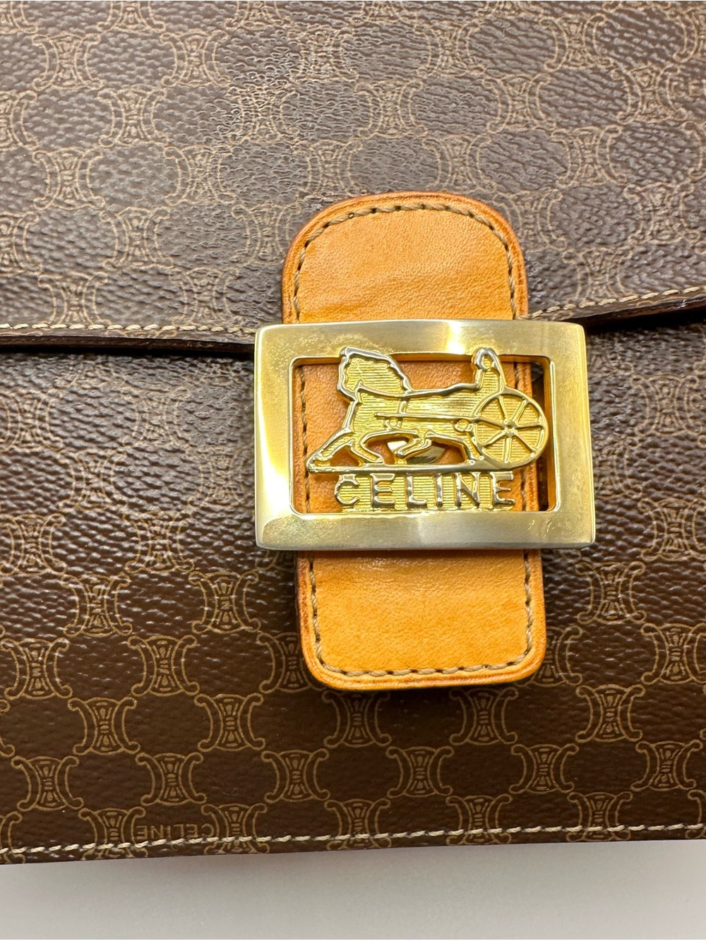 Celine Brown Monogram Leather Clutch with Tan Strap and Gold Hardware - Picture 3 of 16